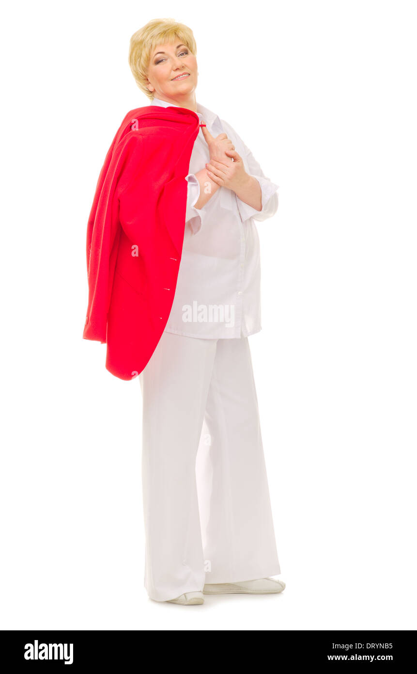Glücklich lächelnde senior Frau isoliert Stockfoto