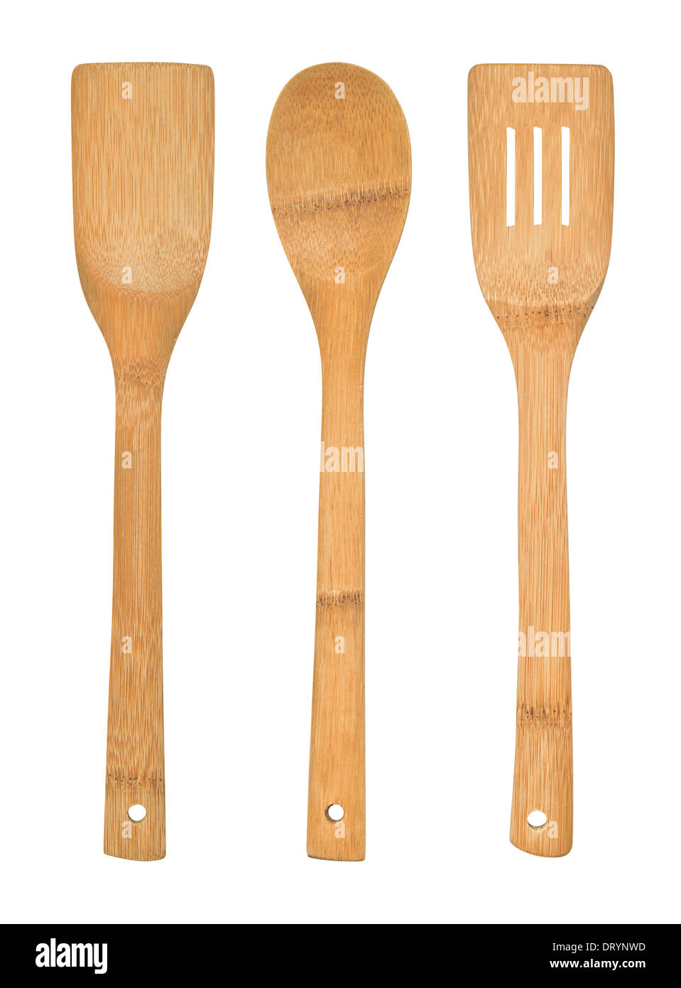 Komplettes Set von Bambus Küchenutensilien vor einem weißen Hintergrund isoliert Stockfoto