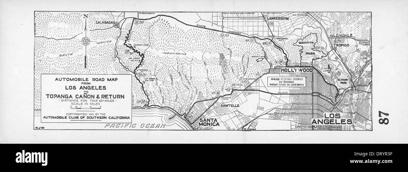 Eine alte Straßenkarte aus dem Jahr 1915 beschreibt die Route von Los Angeles zum Topanga Canyon und zurück und zeigt Reiserouten aus dem frühen 20. Jahrhundert in Südkalifornien. Stockfoto