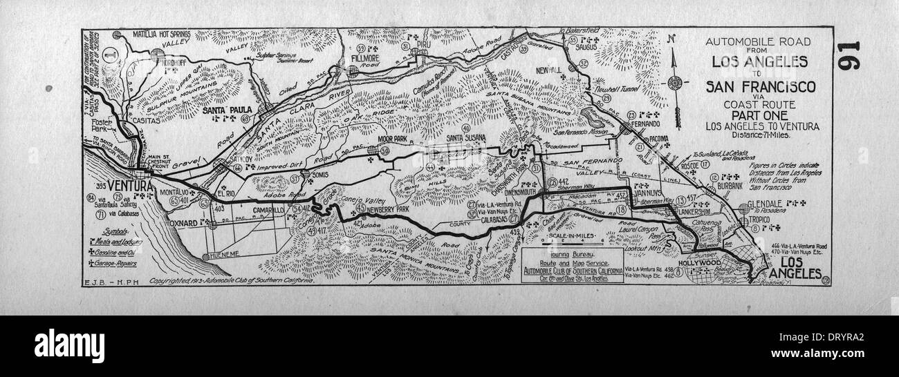 Dieses Foto zeigt eine Autofahrt von Los Angeles nach Ventura entlang der Küstenroute, die 1913 aufgenommen wurde. Es zeigt die frühen Autofahrten in Kalifornien. Stockfoto
