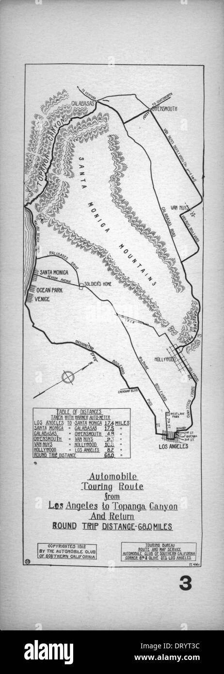 Diese alte Karte aus dem Jahr 1912 zeigt eine Autofahrer-Route von Los Angeles zum Topanga Canyon und zurück, die den Straßenverkehr des frühen 20. Jahrhunderts in Kalifornien widerspiegelt. Stockfoto