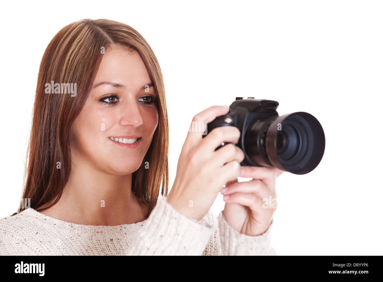 Junge Frau mit Kamera. Alle auf weißem Hintergrund. Stockfoto