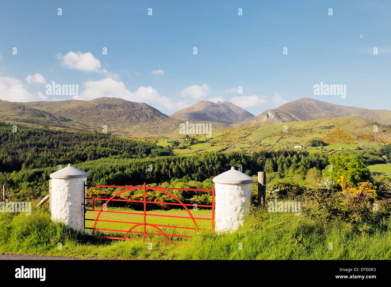 Die Mourne Mountains, County Down, Nordirland. Süden über das Trassey-Tal und Tollymore Waldpark, Slieve Bearnagh Stockfoto