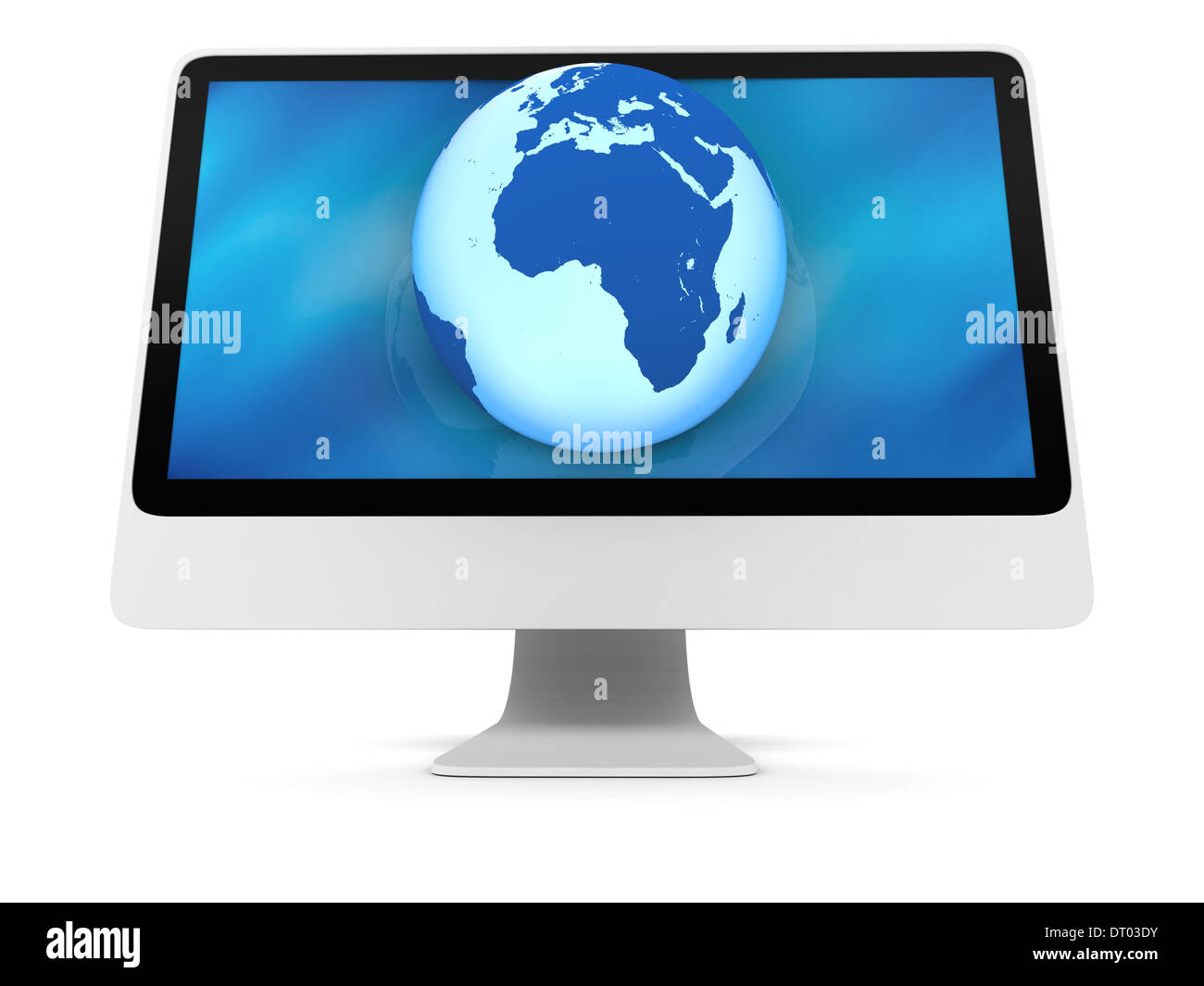 Blau leuchtende Modell der Erde am Computerbildschirm isoliert auf weißem Hintergrund. Elemente dieses Bildes, eingerichtet von der NASA Stockfoto