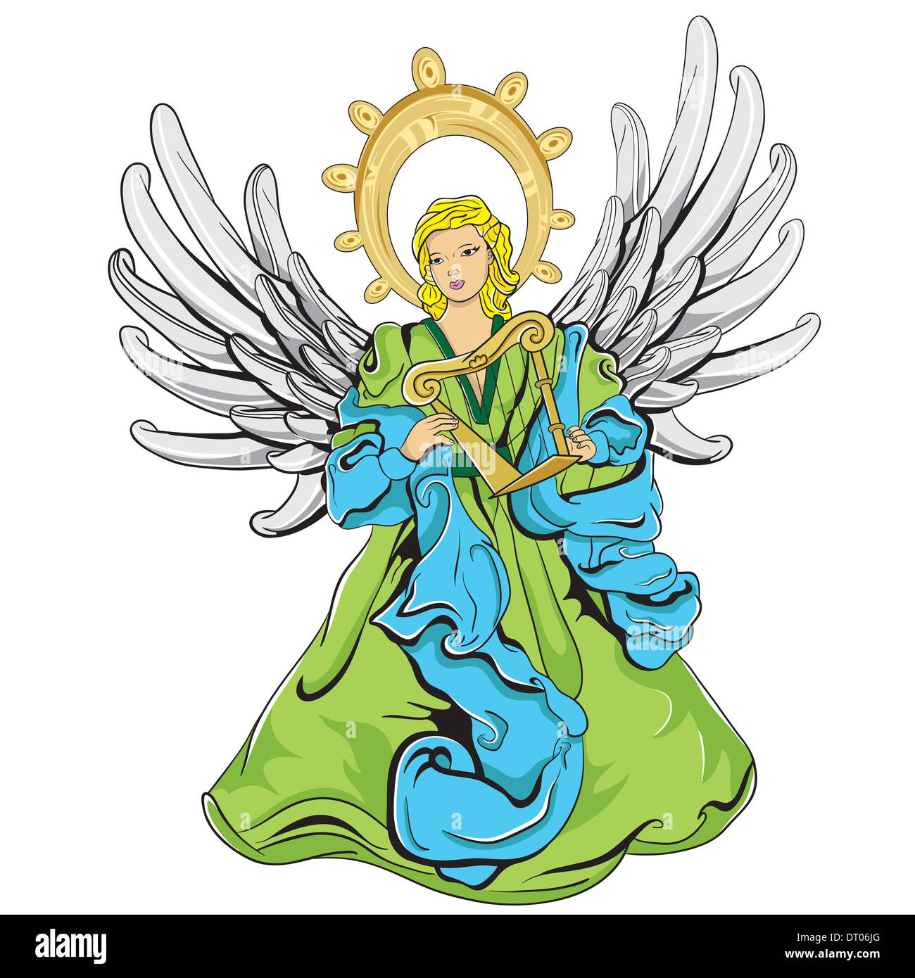 Diese Datei stellt einen grünen und blauen Engel mit leichten grauen Flügeln, der eine Harfe spielt. Stockfoto