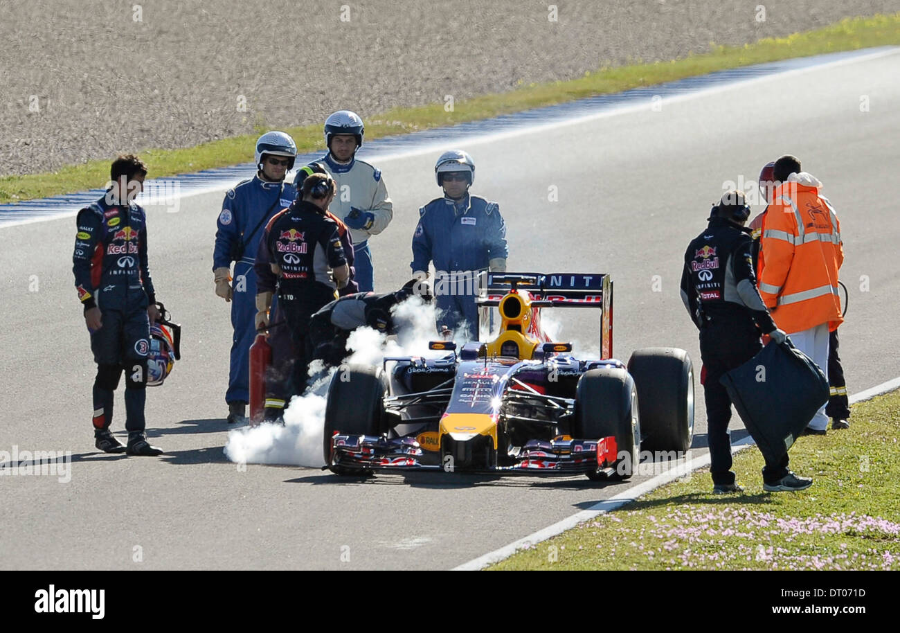 Daniel Ricciardo (AUS) neben seinem Red Bull RB10 ins Stocken geraten bei Formel 1 Tests, Jerez, Spanien Feb.2014 Stockfoto