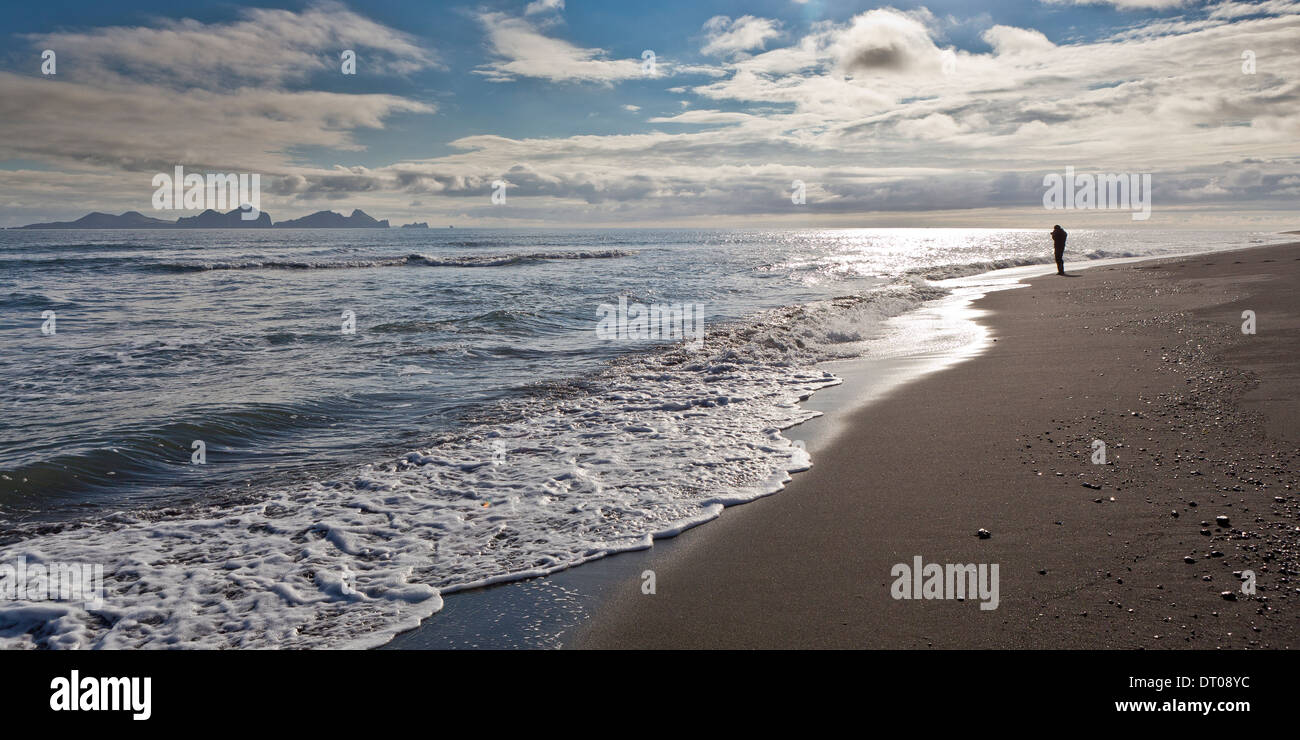 Wellen an der Küste am Bakkafjara Beach, South Coast, Island. Stockfoto