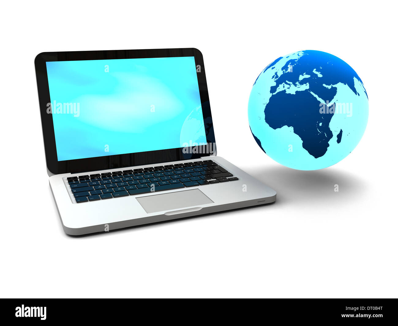 Abbildung der blauen Erde schweben neben Laptop-Computer, Konzept des World Wide Web und Portabilität, isoliert auf weißem Hintergrund. Elemente dieses Bildes, eingerichtet von der NASA Stockfoto