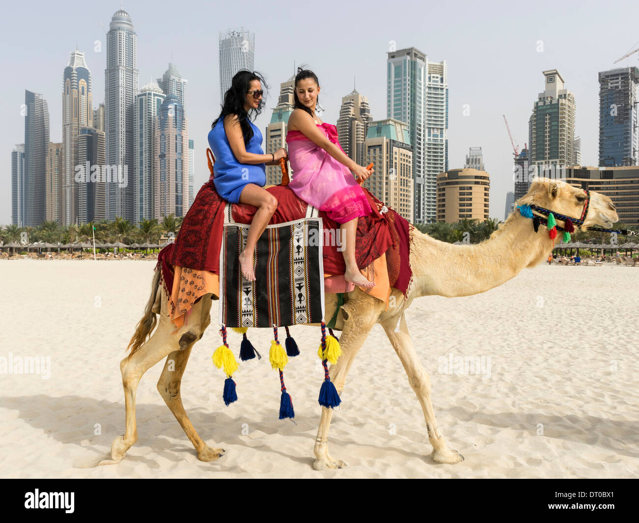 Touristen, die Einnahme von einem Kamel reiten am Strand bei Marina Bezirk des neuen Dubai in Vereinigte Arabische Emirate Stockfoto