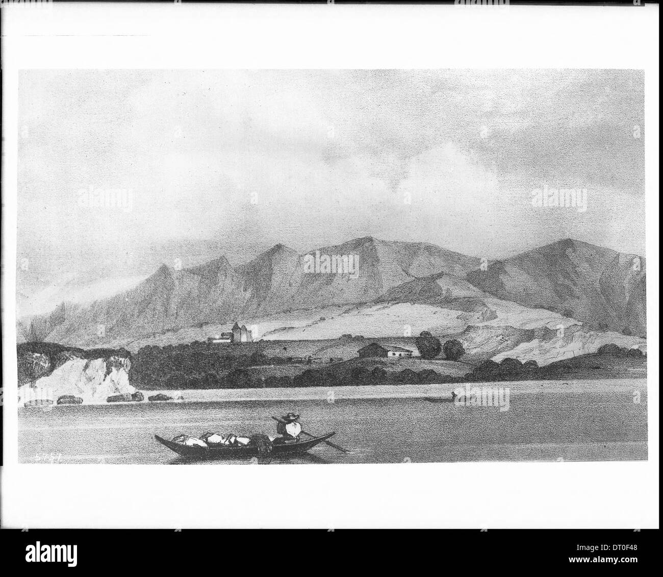 Eine Zeichnung von J.A. Pinto, die einen Blick auf die Mission Santa Barbara aus der Bucht zeigt, die zwischen 1840 und 1880 erstellt wurde. Das Bild bietet eine historische Perspektive auf den Standort der Mission. Stockfoto