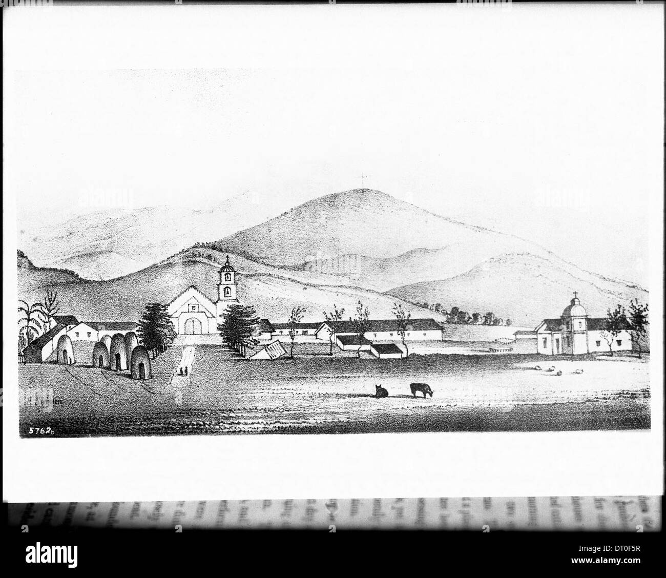 Eine Zeichnung der Mission San Buenaventura, aus Alfred Robinsons Buch *Life in California*, datiert um 1839. Stockfoto