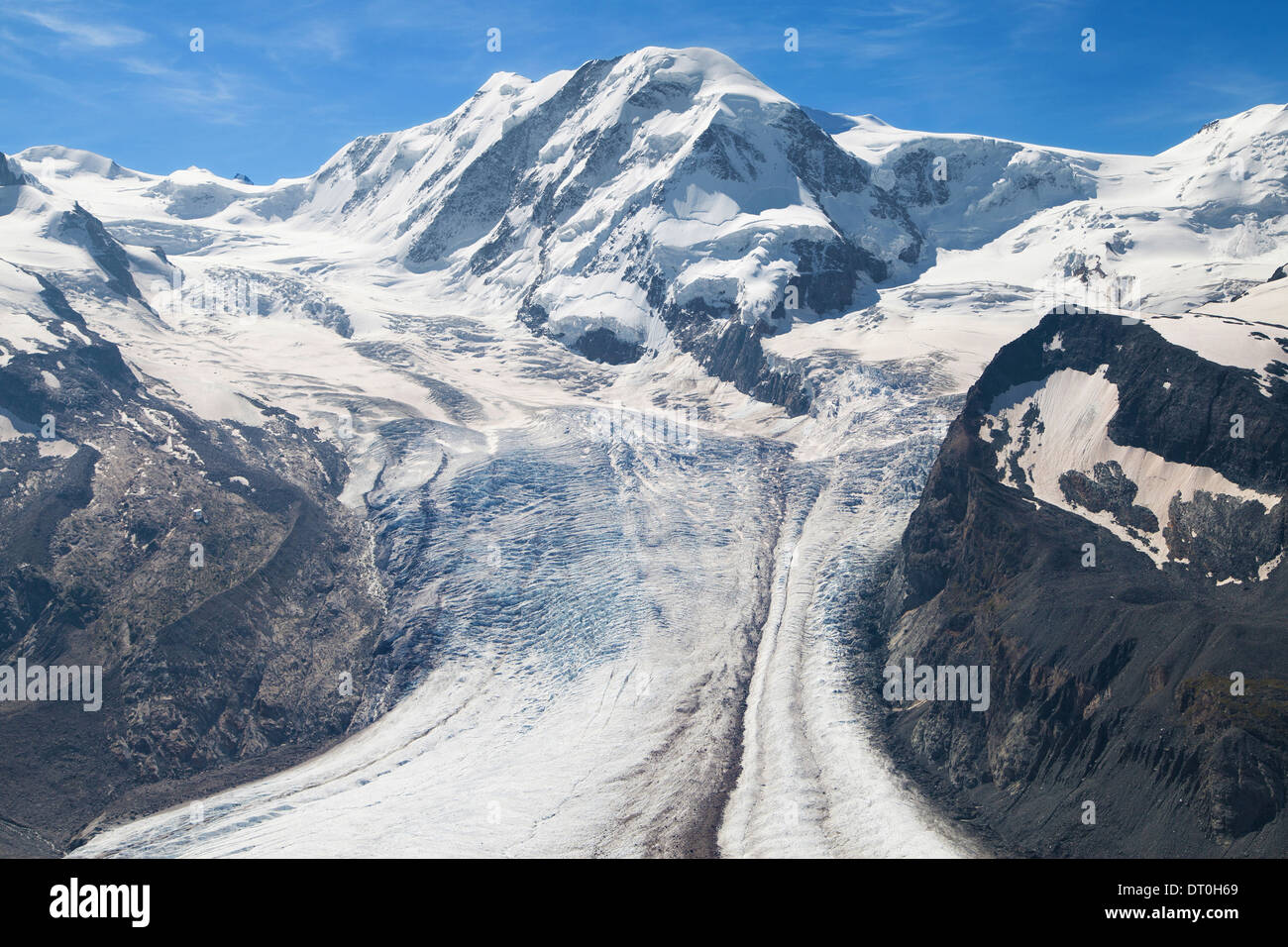 Liskamm Gipfel und Grenz-Gletscher in den Schweizer Alpen. Stockfoto