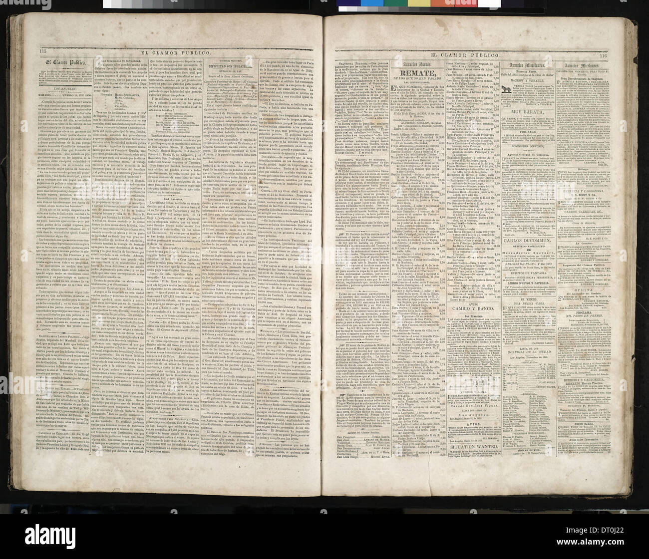 Die 29. Ausgabe der spanischsprachigen Zeitung „El Clamor Publico“, veröffentlicht am 12. Januar 1856, in der wichtige Nachrichten und gesellschaftliche Ereignisse der damaligen Zeit vorgestellt werden. Stockfoto