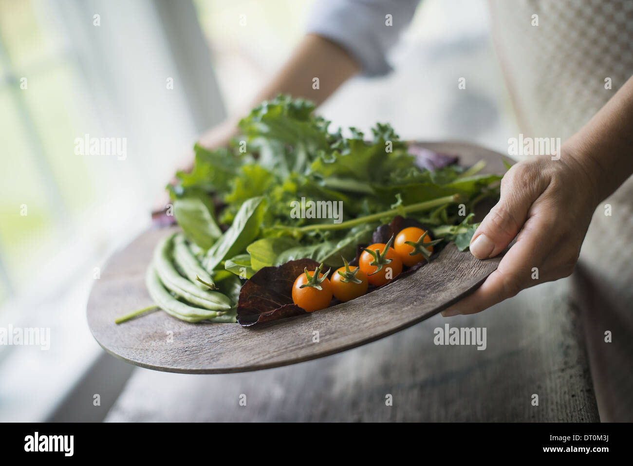Woodstock New York USA Bio frische Tablett mit Gemüse-Tomaten-Grüns Stockfoto