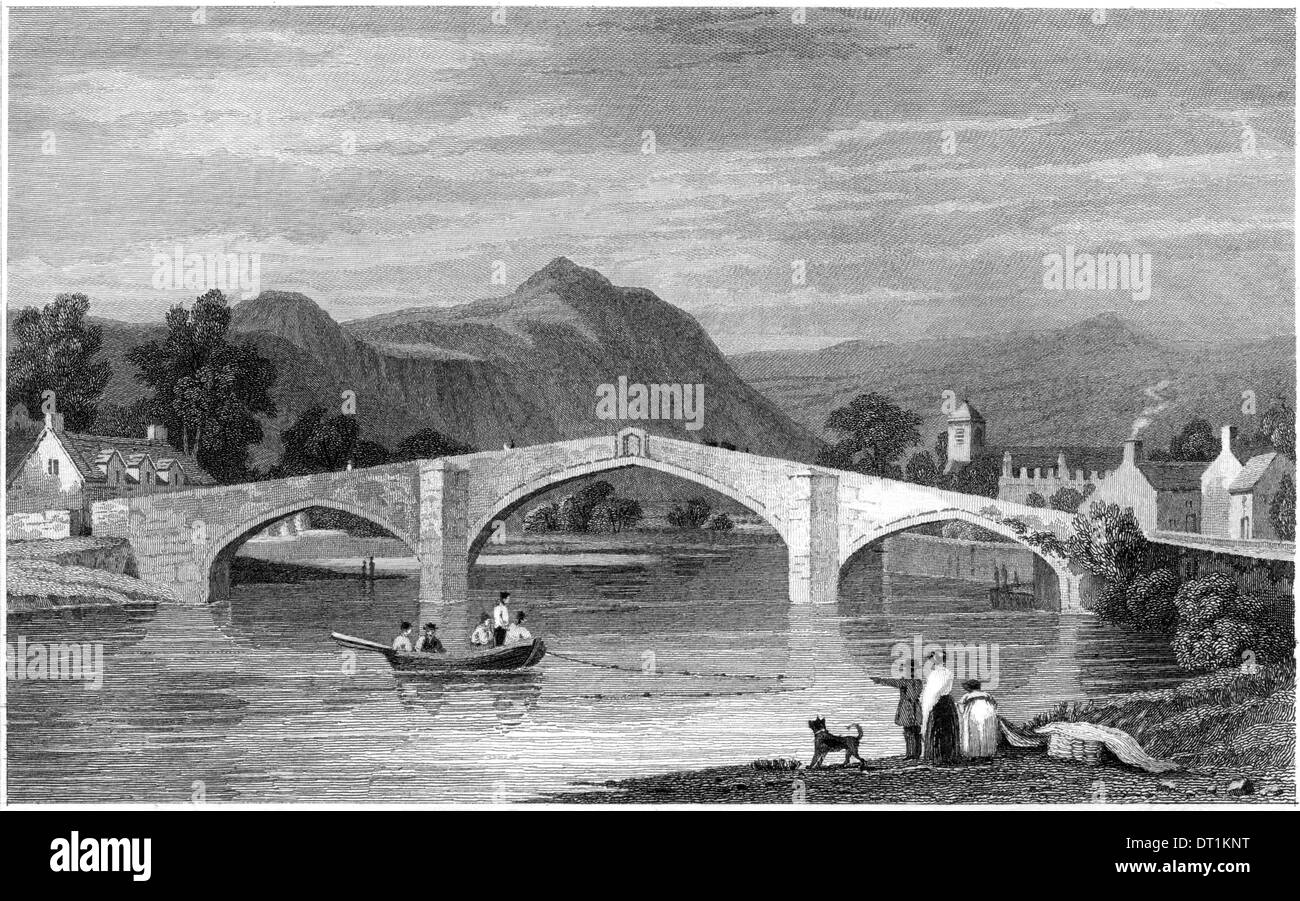 Eine Gravur mit dem Titel "Romanum Brücke, gebaut von Inigo Jones", mit einer hohen Auflösung aus einem Buch, veröffentlicht in den 1830ern gescannt. Stockfoto