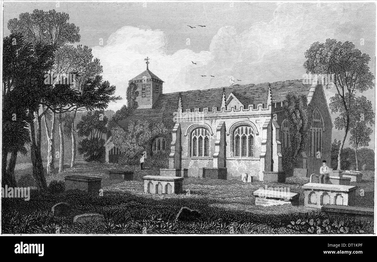 Eine Gravur mit dem Titel "Romanum Kirche, Denbighshire" Scannen mit hoher Auflösung aus einem Buch in den 1830ern veröffentlicht. Stockfoto