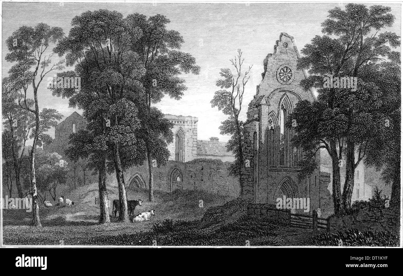 Eine Gravur mit dem Titel "Valle Crucis Abbey, Denbighshire" Scannen mit hoher Auflösung aus einem Buch in den 1830ern veröffentlicht. Stockfoto