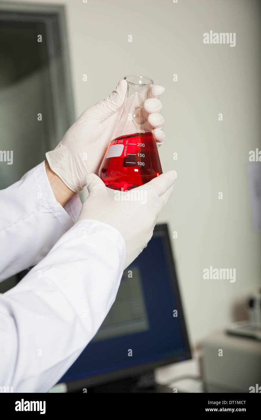 Wissenschaftler analysieren roten Flüssigkeit In der Flasche Stockfoto