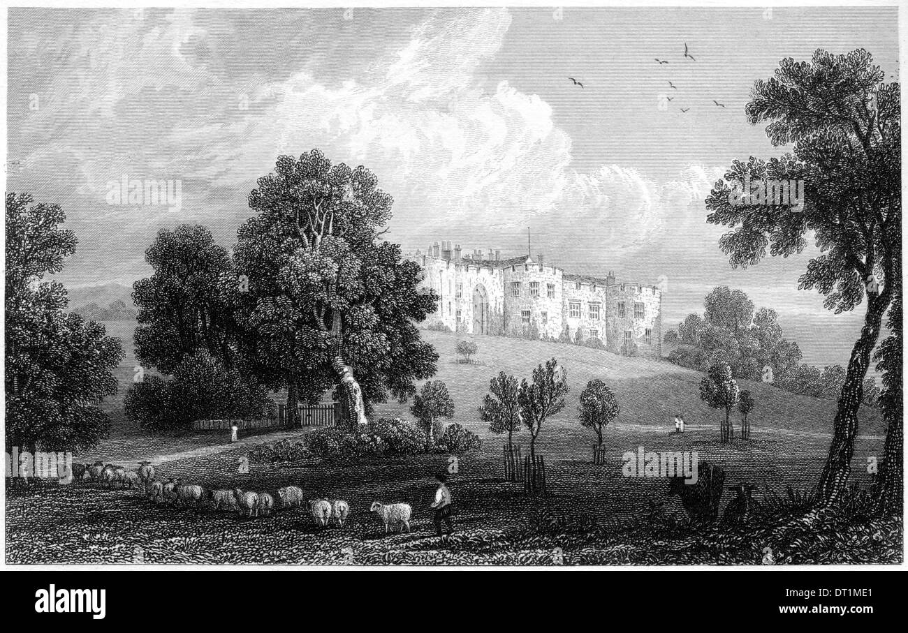 Eine Gravur mit dem Titel "Chirk Castle, Denbighshire" Scannen mit hoher Auflösung aus einem Buch in den 1830ern veröffentlicht. Stockfoto