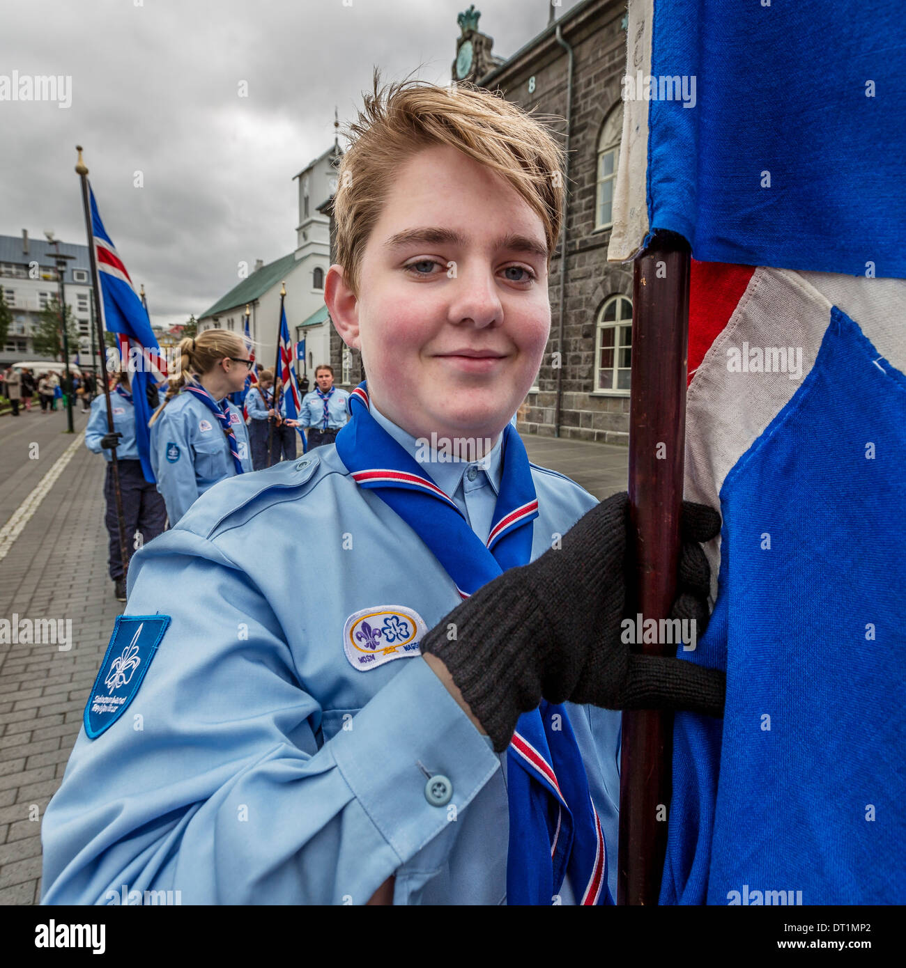 Pfadfinder in Parade am 17. Juni, Tag der Unabhängigkeit Islands.  Reykjavik, Island Stockfoto