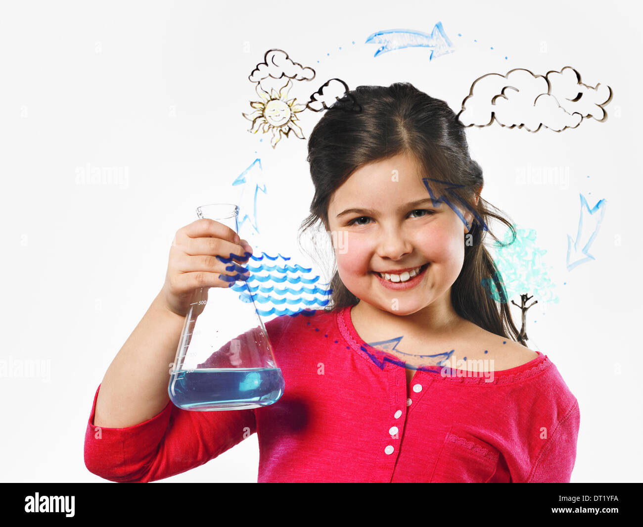 Ein junges Mädchen mit einem konischen Kolben blaue Flüssigkeit vor Verdunstung Zyklus zur Veranschaulichung auf eine klare Oberfläche gezeichnet Stockfoto