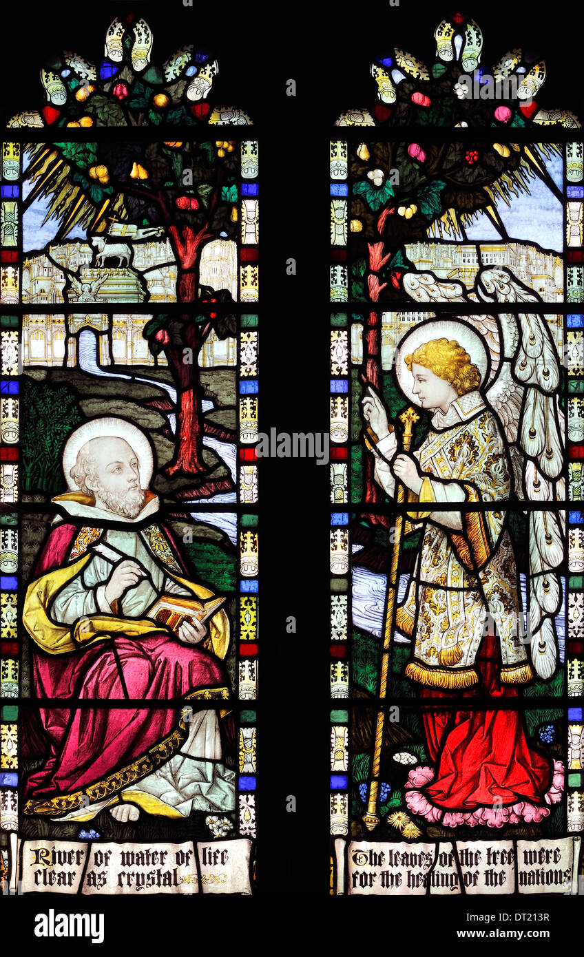 Eine geflügelte Engel enthüllt die Geheimnisse des ewigen Lebens zu John the Divine, St.-Michael-Kirche, Doddiscombsleigh, Devon, England Stockfoto