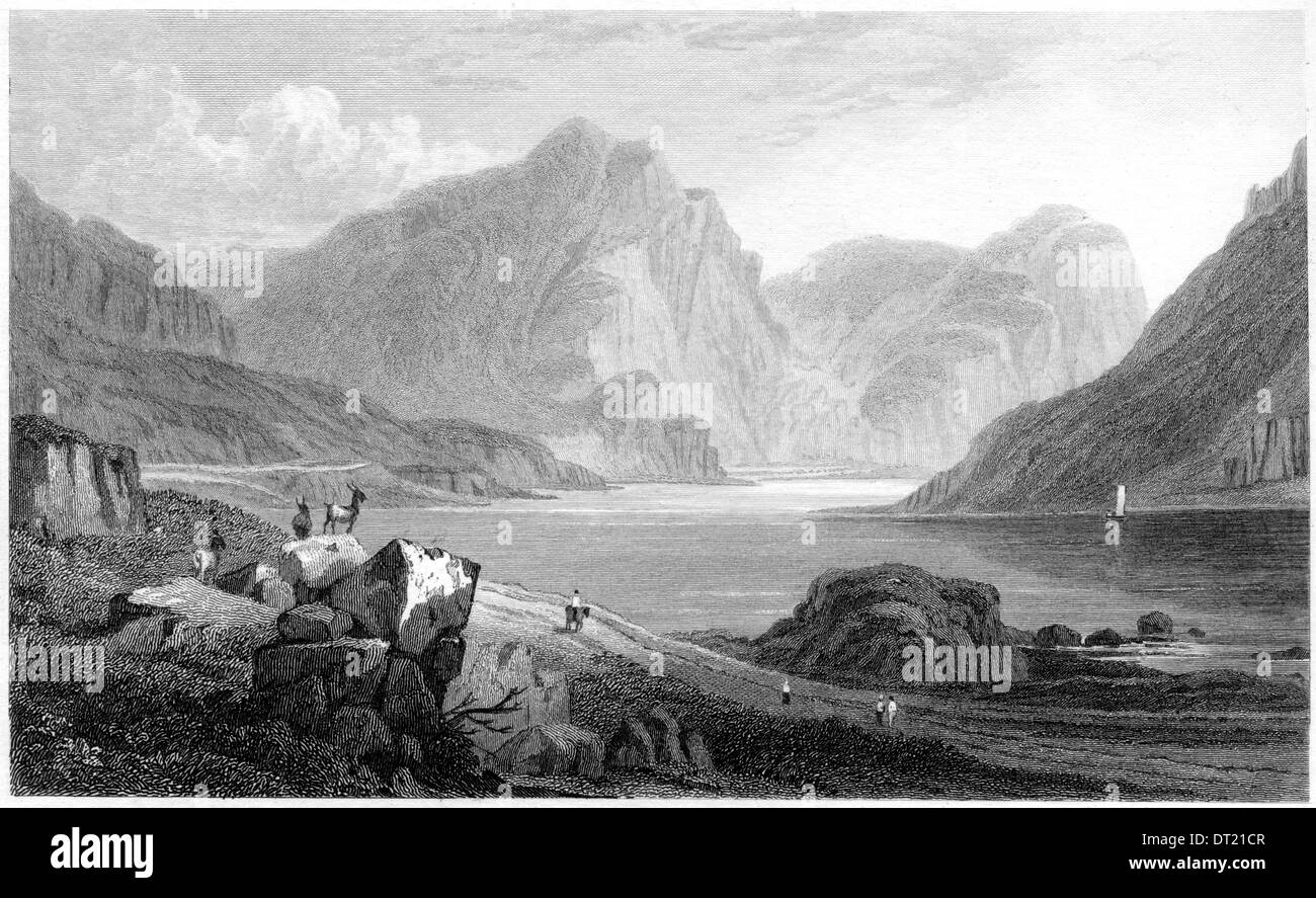 Eine Gravur mit dem Titel "Llyn Ogwen, Caernarvonshire" gescannt mit hoher Auflösung aus einem Buch in den 1830ern veröffentlicht. Stockfoto