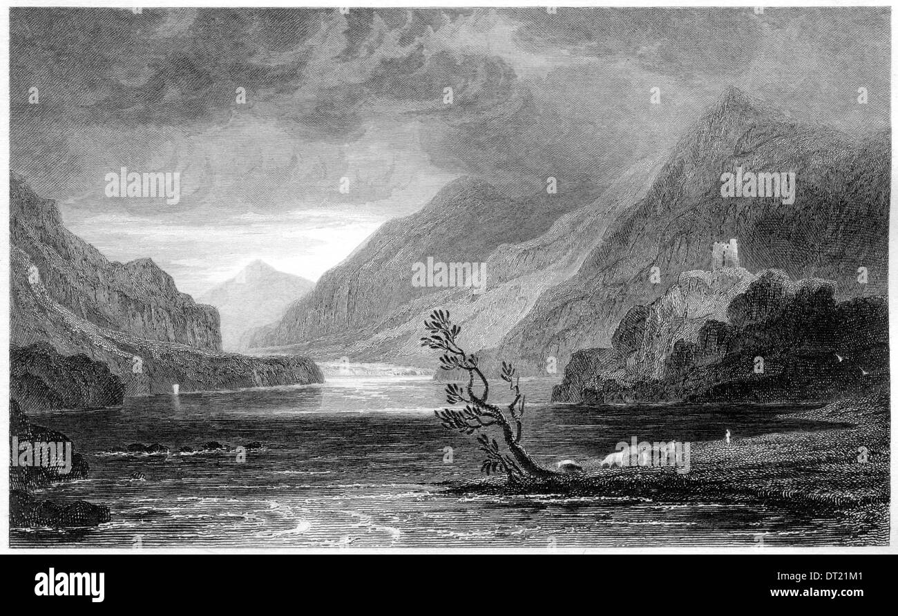 Eine Gravur mit dem Titel "Llanberis Lake, Caernarvonshire" gescannt mit hoher Auflösung aus einem Buch in den 1830ern veröffentlicht. Stockfoto