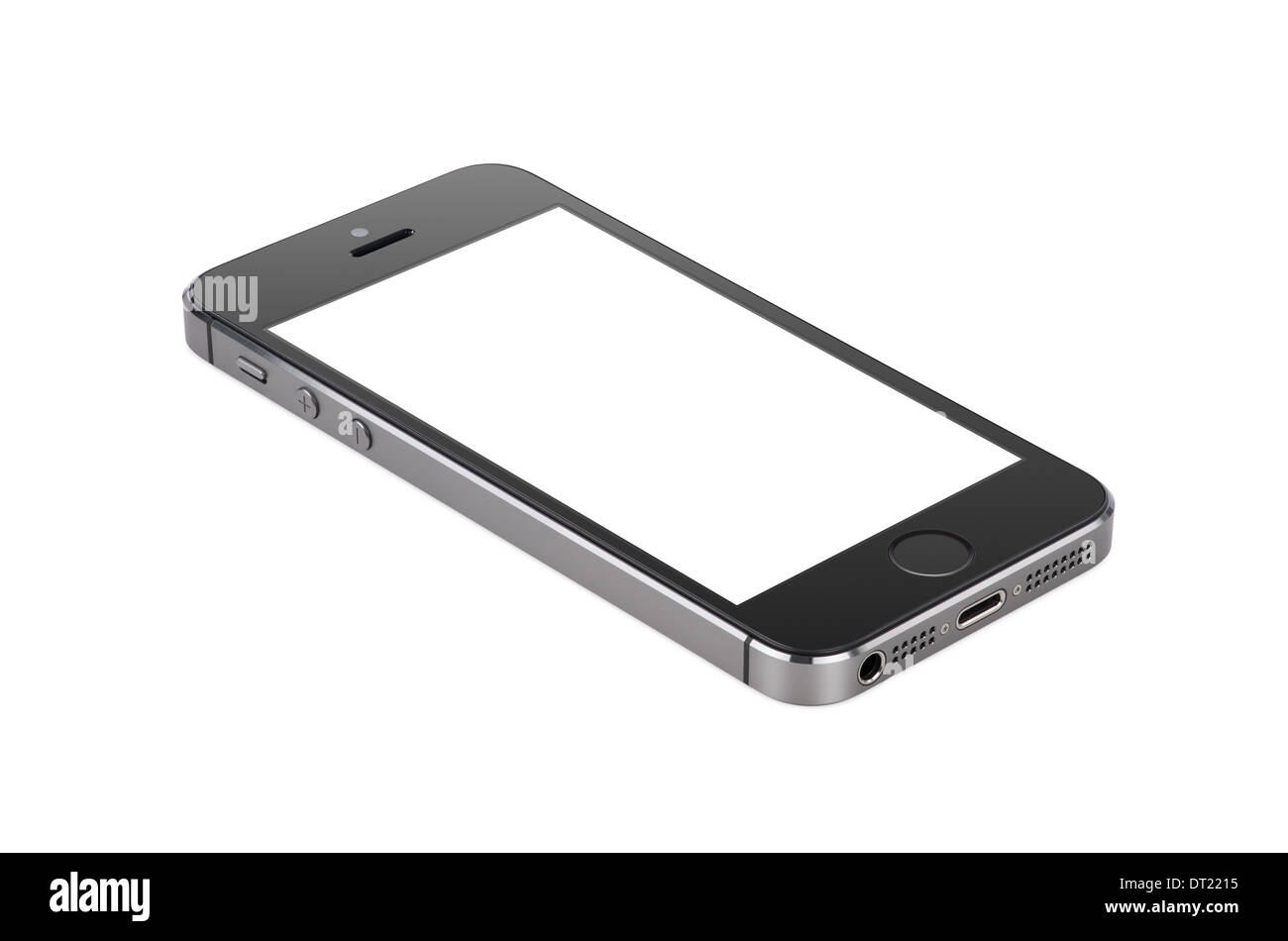 Schwarze moderne Smartphone mit leeren Bildschirm liegt auf der Oberfläche isoliert auf weißem Hintergrund. Gesamte Bild im Fokus, hohe Qualität. Stockfoto