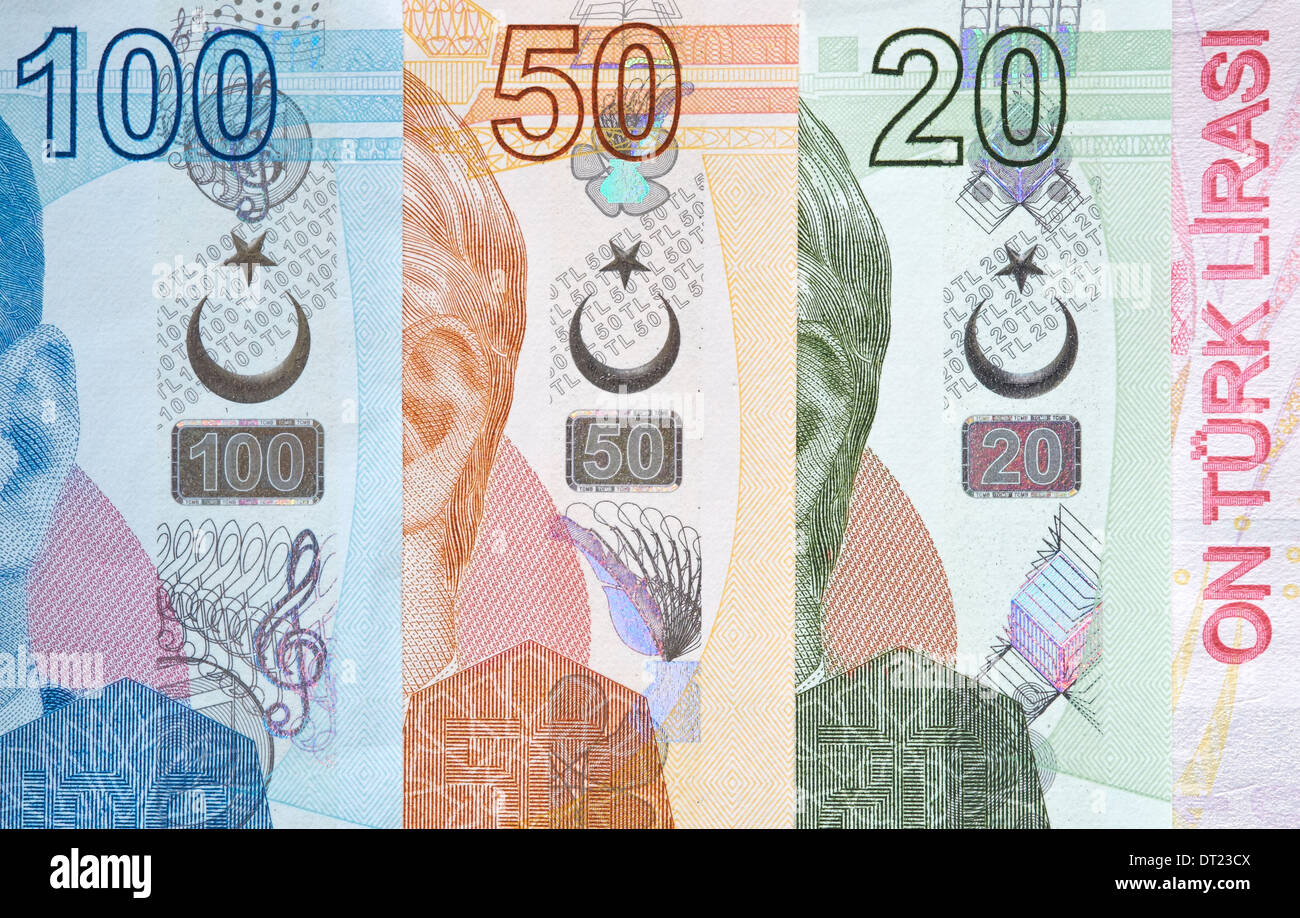 Türkische Währung, ein Close Up von gemischten Lira-Banknoten. Stockfoto