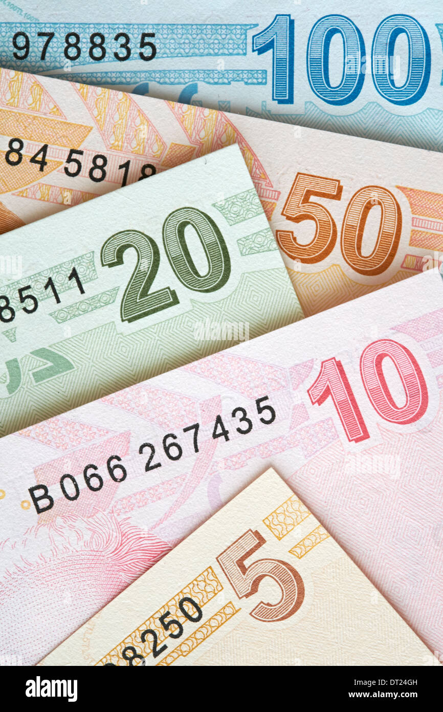 Türkische Währung, ein Close Up von gemischten Lira-Banknoten. Stockfoto