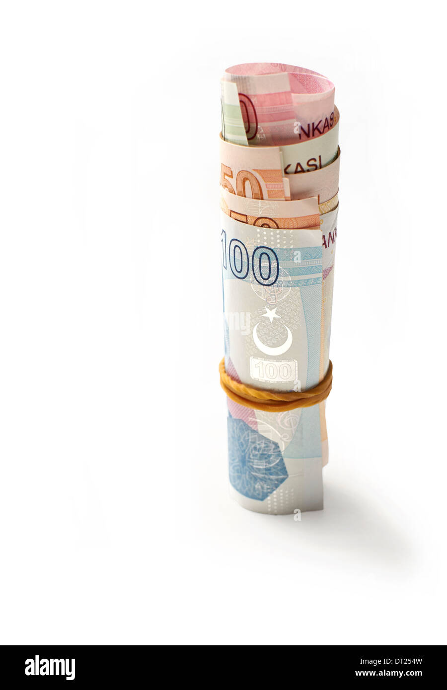 Eine Rolle der türkischen Lira Währung auf einem weißen Hintergrund. Stockfoto