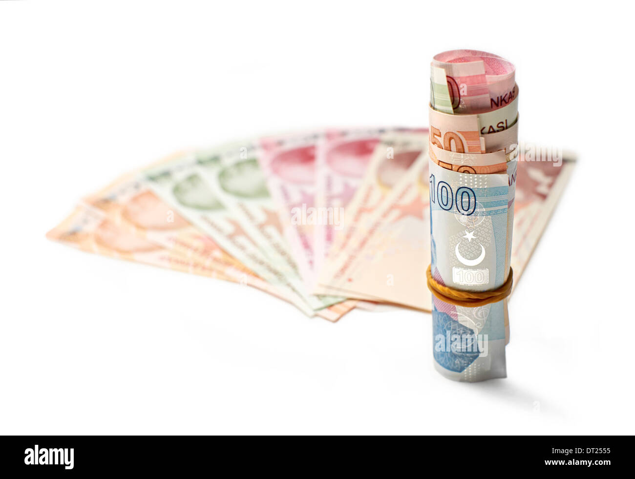 Eine Rolle der türkischen Lira Währung auf einem weißen Hintergrund. Stockfoto