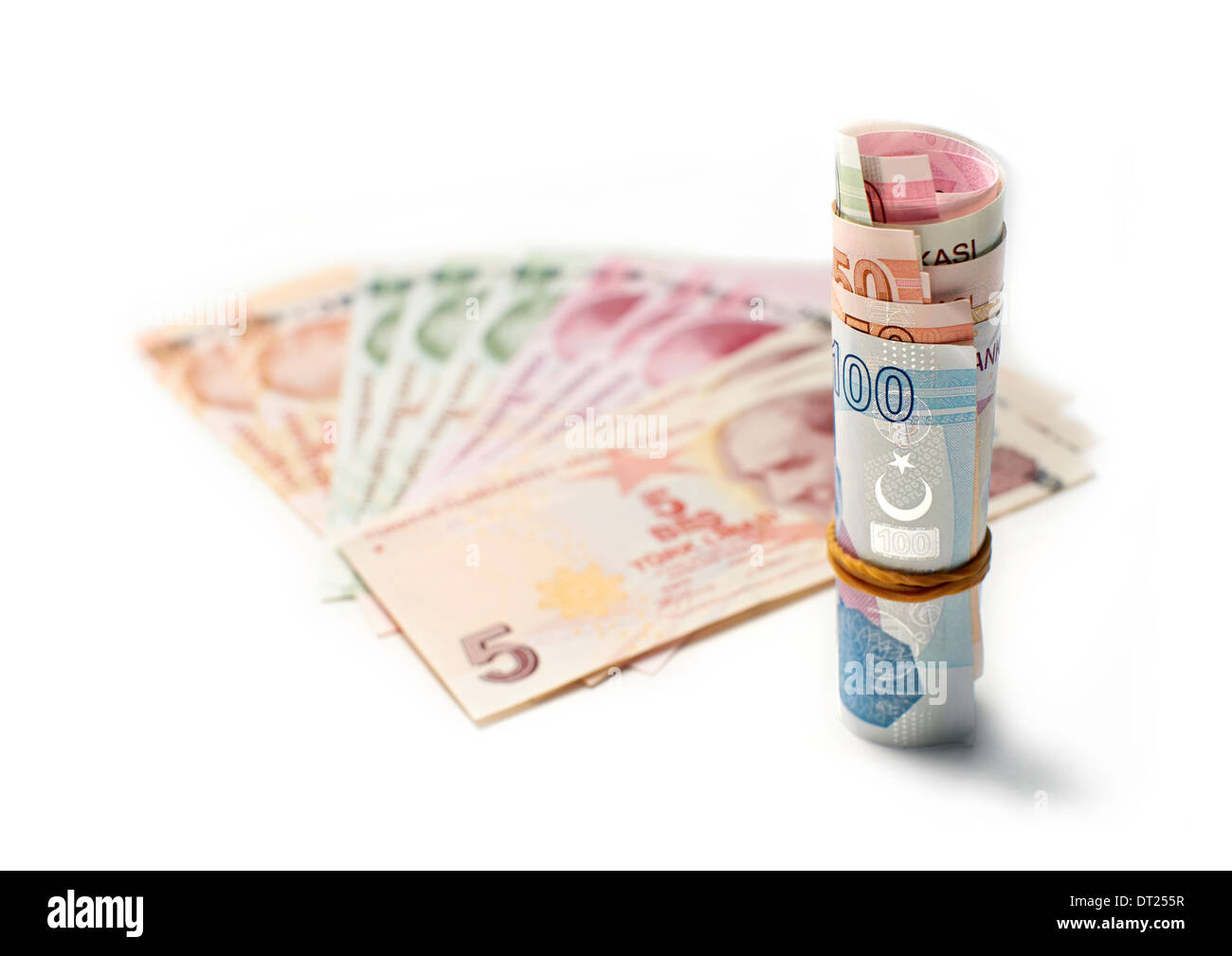 Eine Rolle der türkischen Lira Währung auf einem weißen Hintergrund. Stockfoto