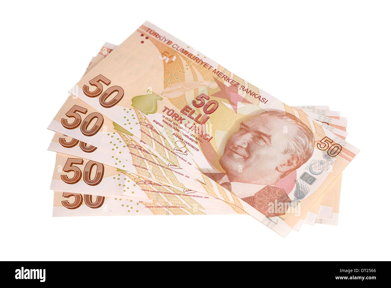 Türkische Lira 50 Notizen aufgefächert auf weißem Hintergrund. Stockfoto