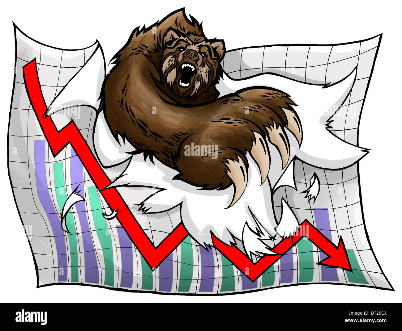 Anschauliches Bild der Bär reißen Millimeterpapier die Verlust an der Börse Stockfoto