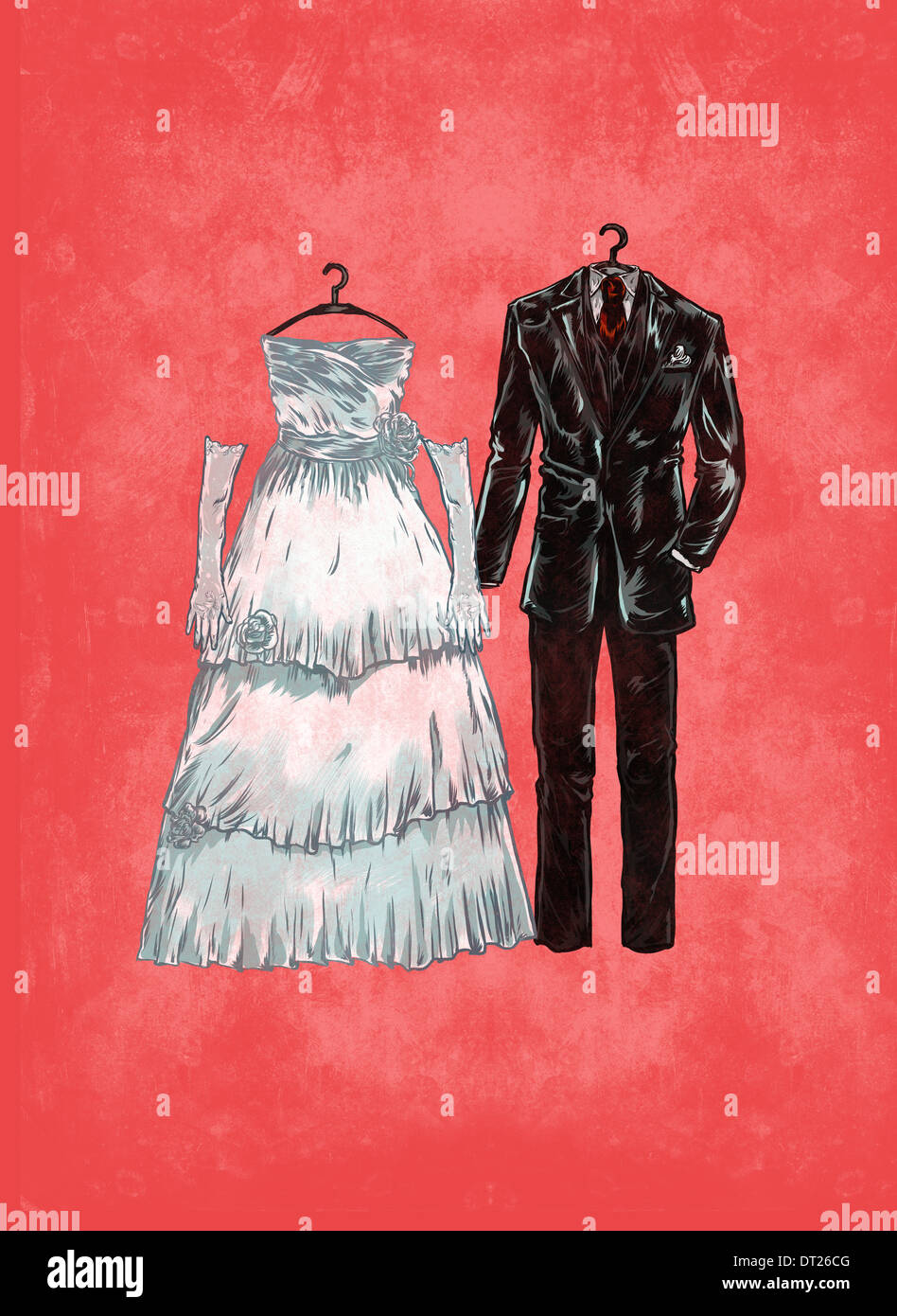 Anschauliches Bild von Anzug und Brautkleid vor rotem Hintergrund Stockfoto