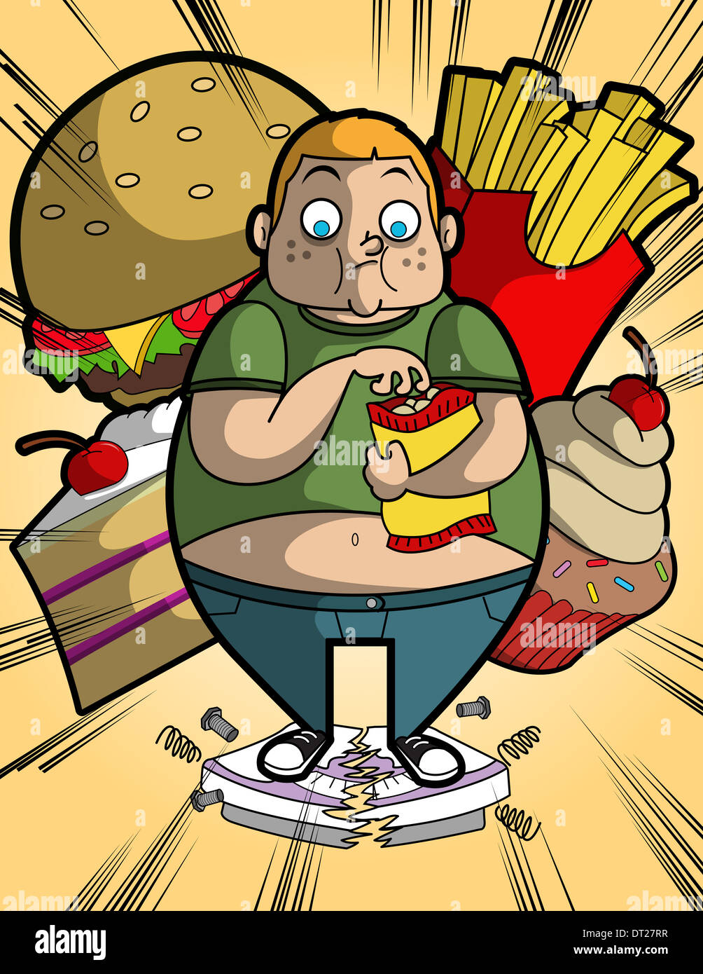 Abbildung von übergewichtigen jungen Essen auf defekte Waage stehend Stockfoto