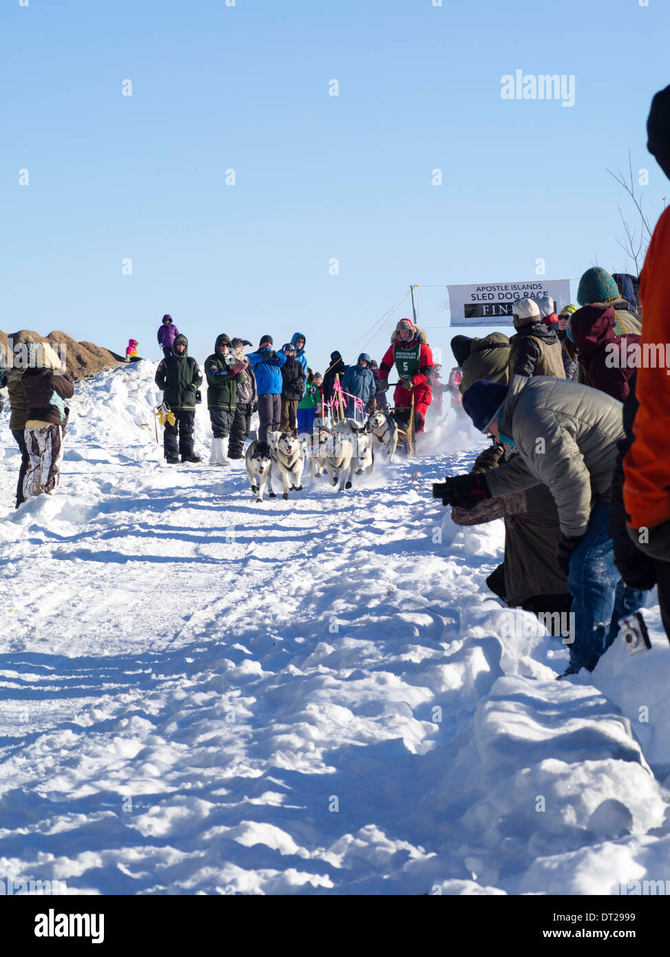 Alice weiß der Finnland, MN begibt sich auf ihr zehn-Hund Klasse Schlitten Rennen auf Sonntag, 2. Februar 2014. Szenen aus dem Apostle Islands Schlitten D Stockfoto