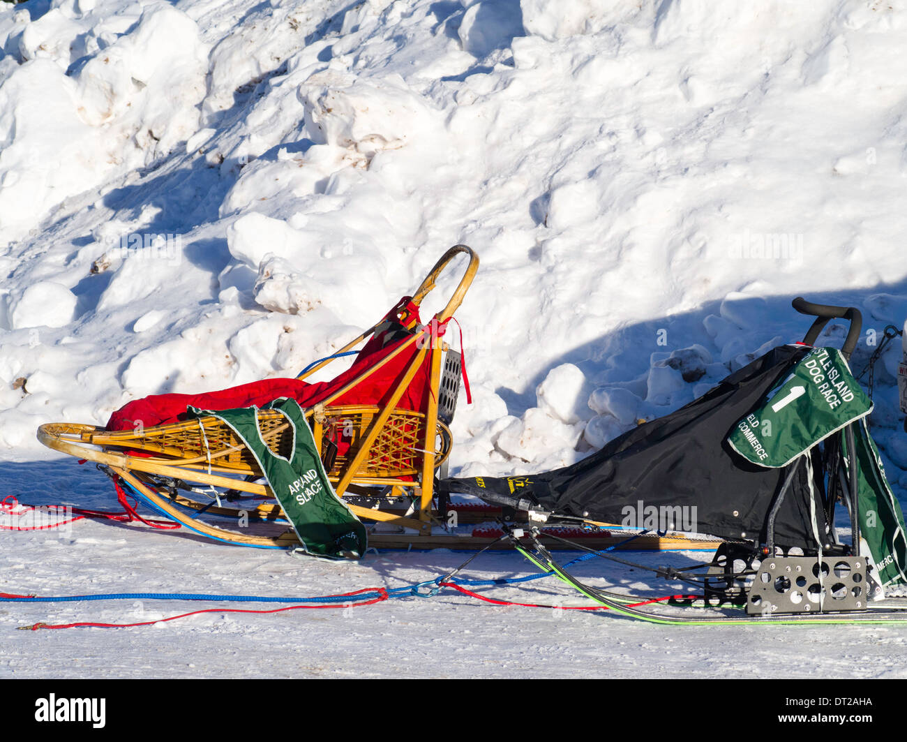 Szenen aus der Apostel Inseln Sled Dog Race, veranstaltet von der Handelskammer von Bayfield in der Nähe von Bayfield, WI Stockfoto