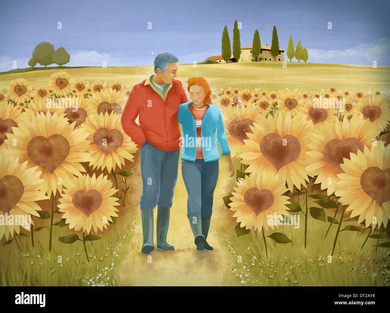 Anschaulichen Bild der älteres paar Wandern im Sonnenblumenfeld Vertretung glücklich im Ruhestand Leben Stockfoto