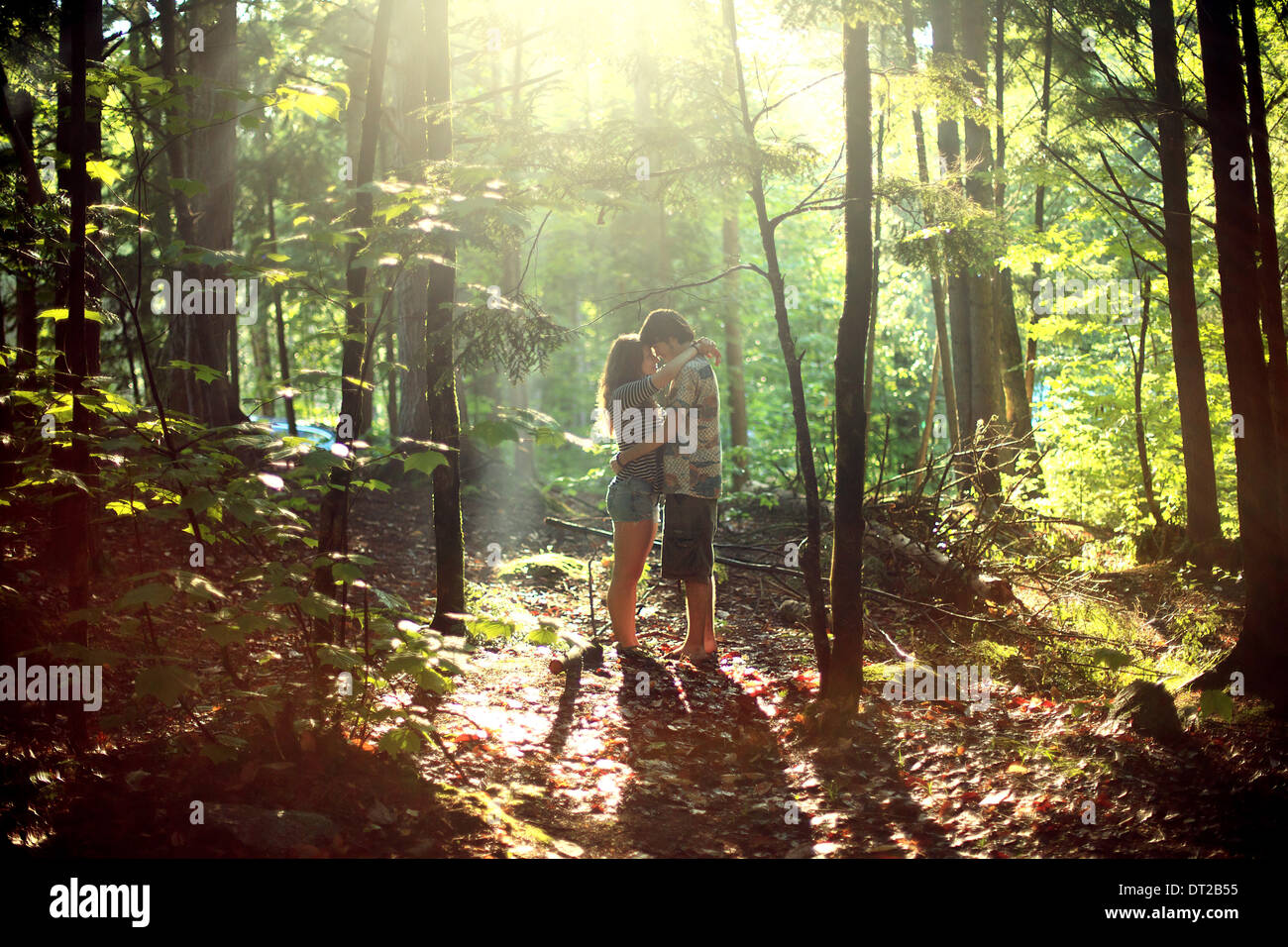 Junges Paar im Wald umarmen Stockfoto