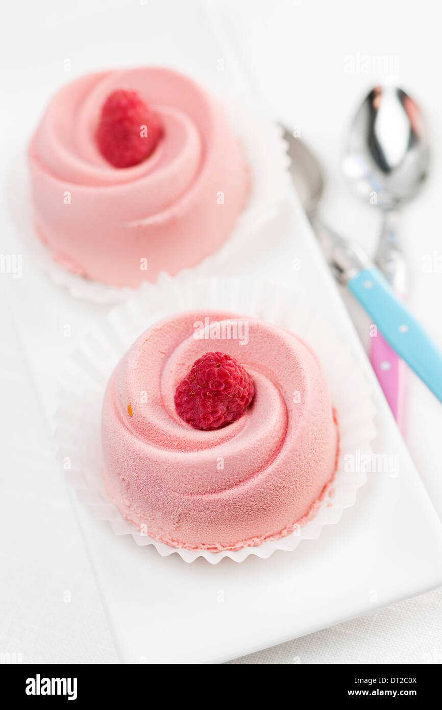 Zwei rosa Himbeer Mousse Desserts auf einem Teller Stockfoto