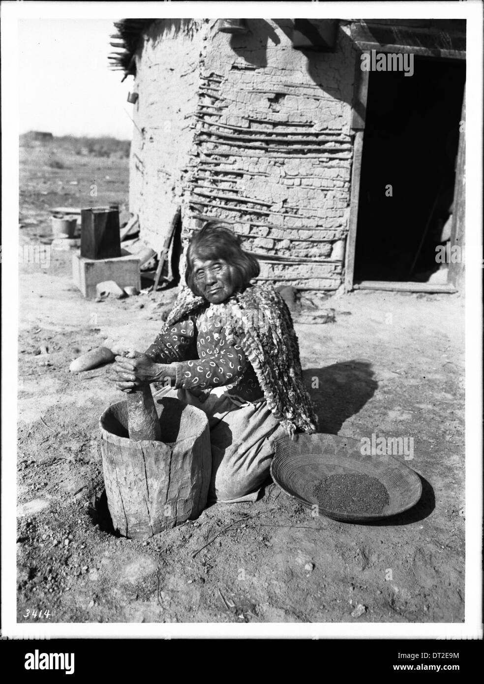 Mojave-Indianerin hämmerte Mesquite-Bohnen in einem Metate gemacht aus dem Stumpf eines Baumes, ca.1900 Stockfoto