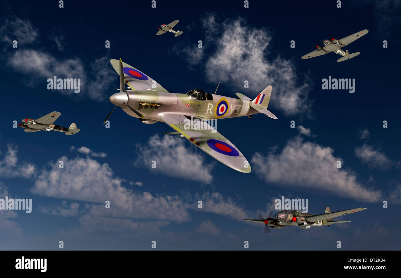 Eine RAF Spitfire Angriff auf deutsche Heinkel Bomber, während der "Luftschlacht um England" Stockfoto