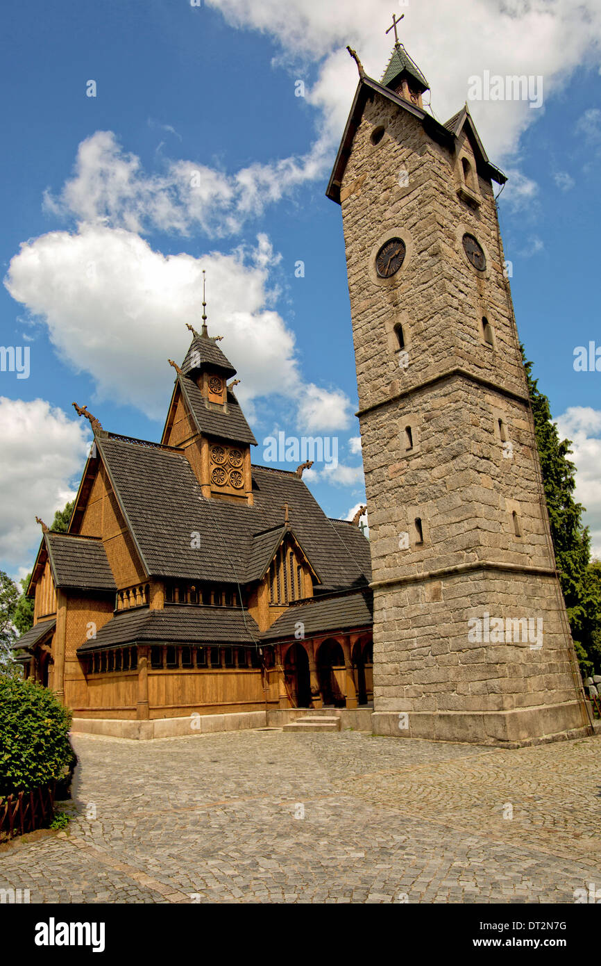 Niederholer Stabkirche in Karpacz, Polen. Stockfoto