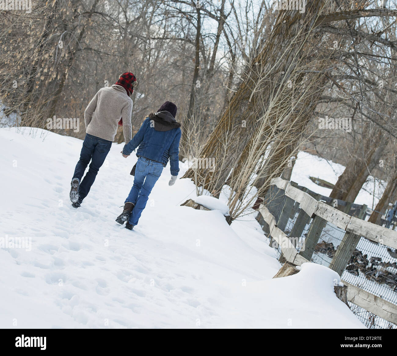 Winterlandschaft mit Schnee auf dem Boden ein paar hand in hand gehen entlang eines Pfads Stockfoto