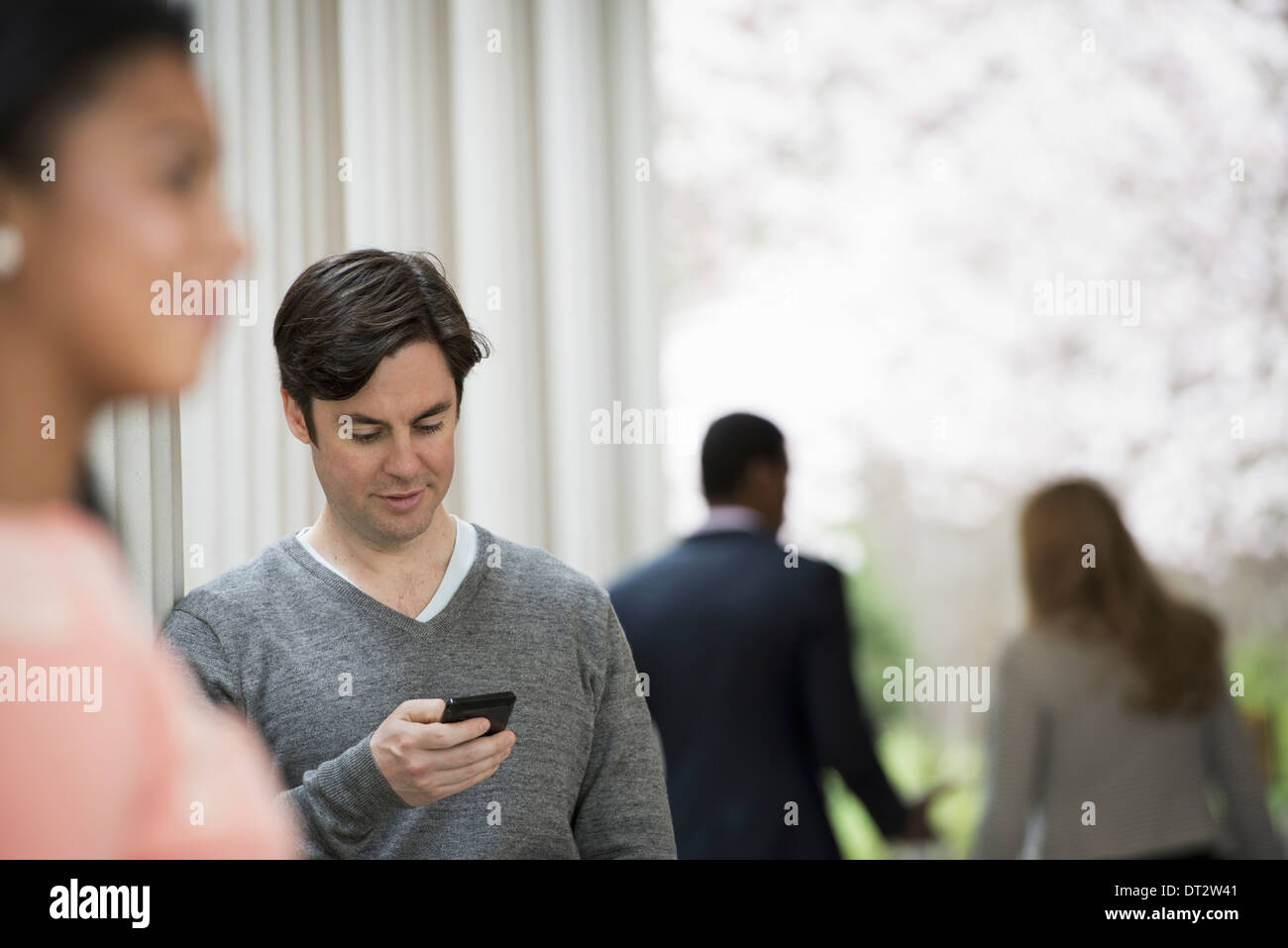 Junge Menschen Frühling Männer und Frauen zwei Personen eine Überprüfung sein Telefon wieder Blick auf zwei Personen im park Stockfoto