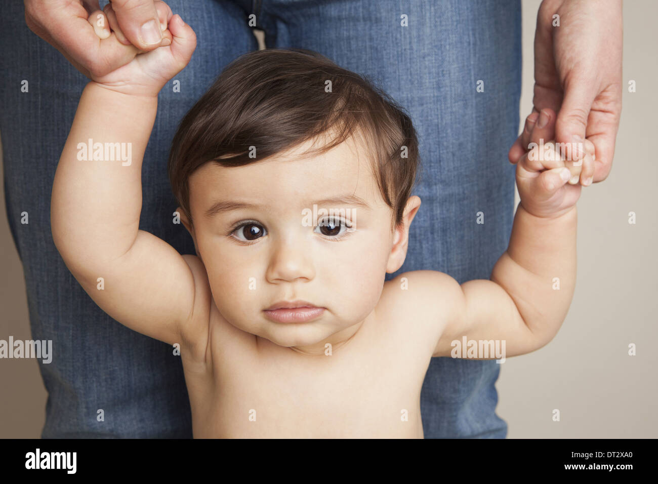 Ein 8 Monate altes Baby junge seiner Eltern Händchenhalten und balancing aufrecht Stockfoto