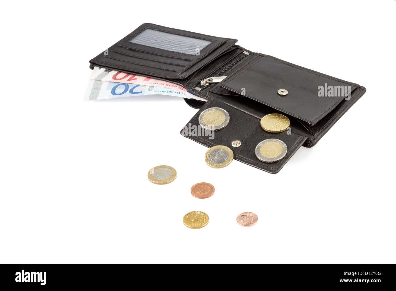 Schwarze Geldbörse Wirh Wuro Banknoten und Münzen, die isoliert auf weißem Hintergrund Stockfoto